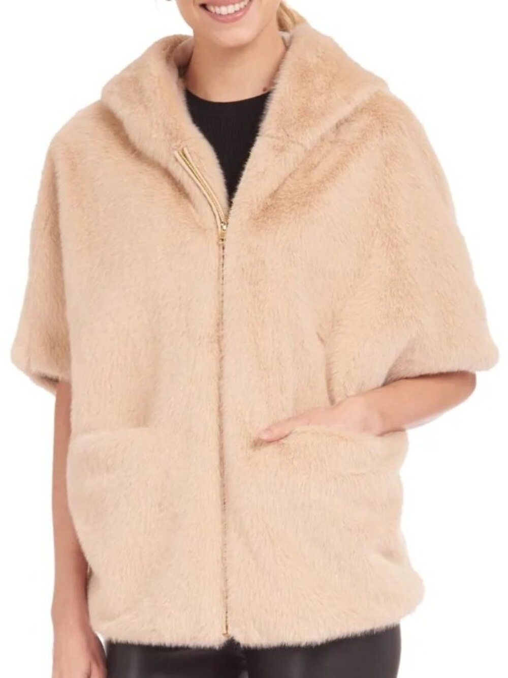 patty kim faux fur short sleeve hooded poncho size medium
